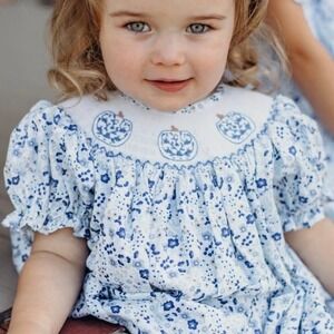Kate + Gray‎ Girl's Blue Smocked Pumpkin Floral Bubble Romper 3T Cotton